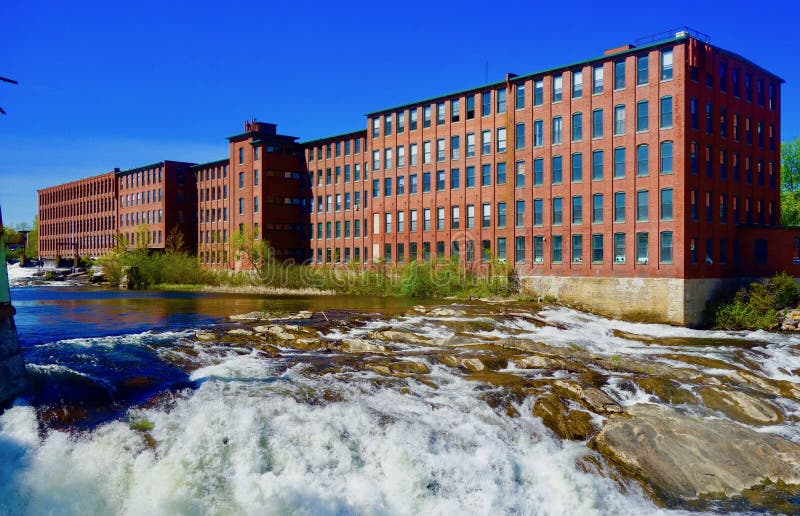 Dana Warp Mill, Saccarappa Falls, Presumpscot River, Westbrook, Maine, May 18, 2018 history, manufacturing water power. Dana Warp Mill, Saccarappa Falls, Presumpscot River, Westbrook, Maine, May 18, 2018 history, manufacturing water power