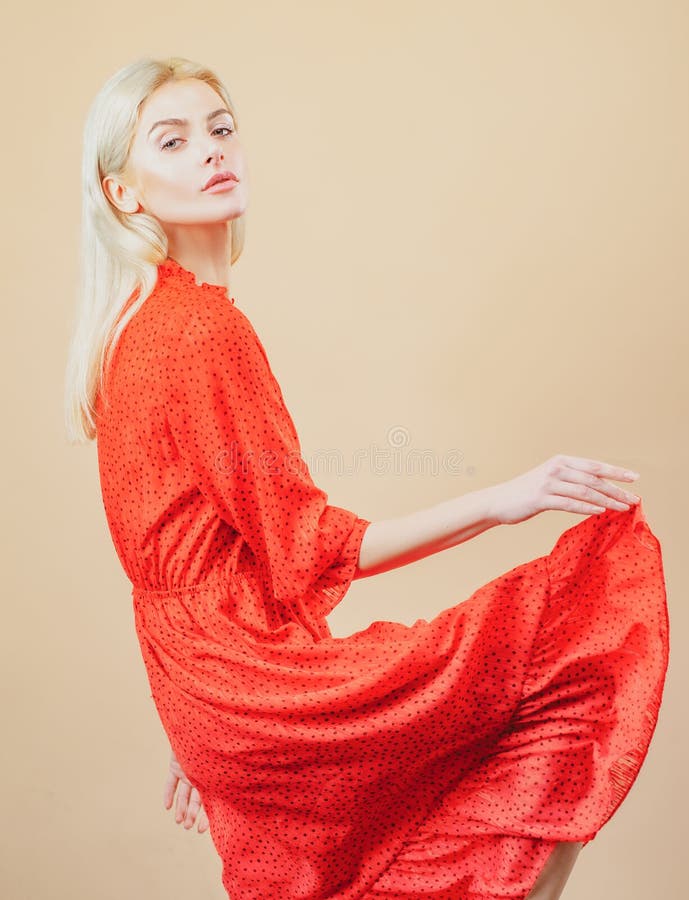 Dance Dress. Young Dancer Wearing Red Dress. Stock Photo