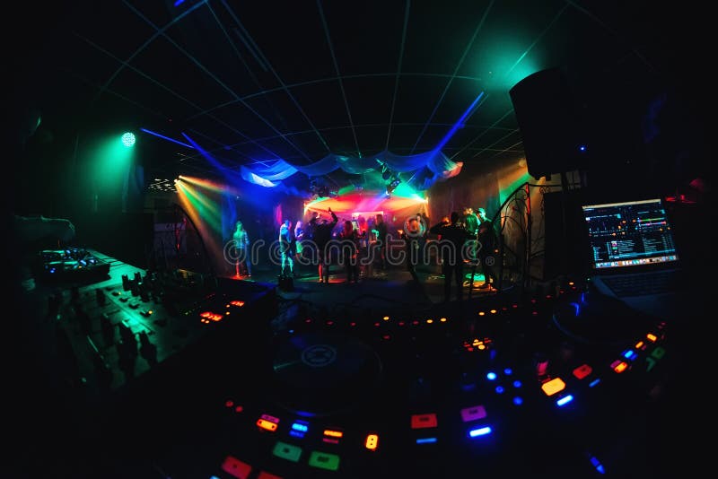 Dance Floor and Stage in Night Club with Dancing Crowd and DJ Equipment and  Mixer Stock Image - Image of equipment, light: 104316423
