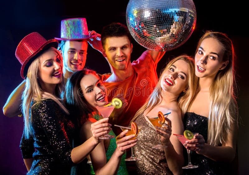 Dance Party with Group People Dancing and Disco Ball. Stock Image ...