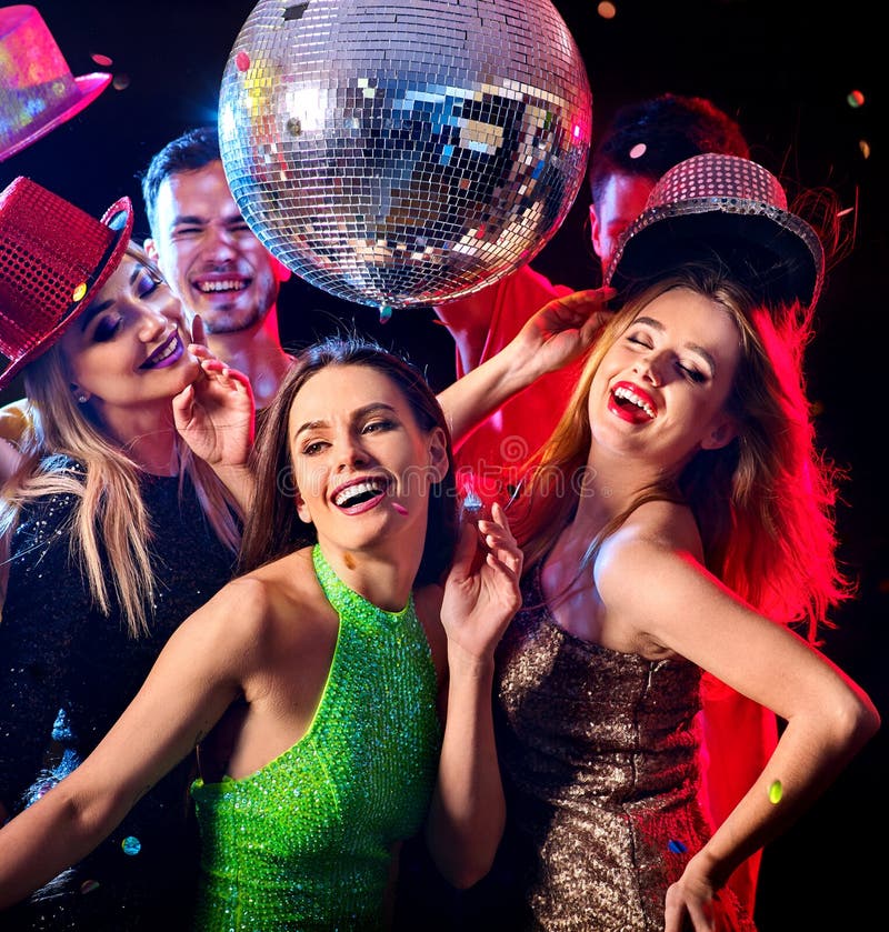 Dance Party with Group People Dancing and Disco Ball. Stock Photo ...