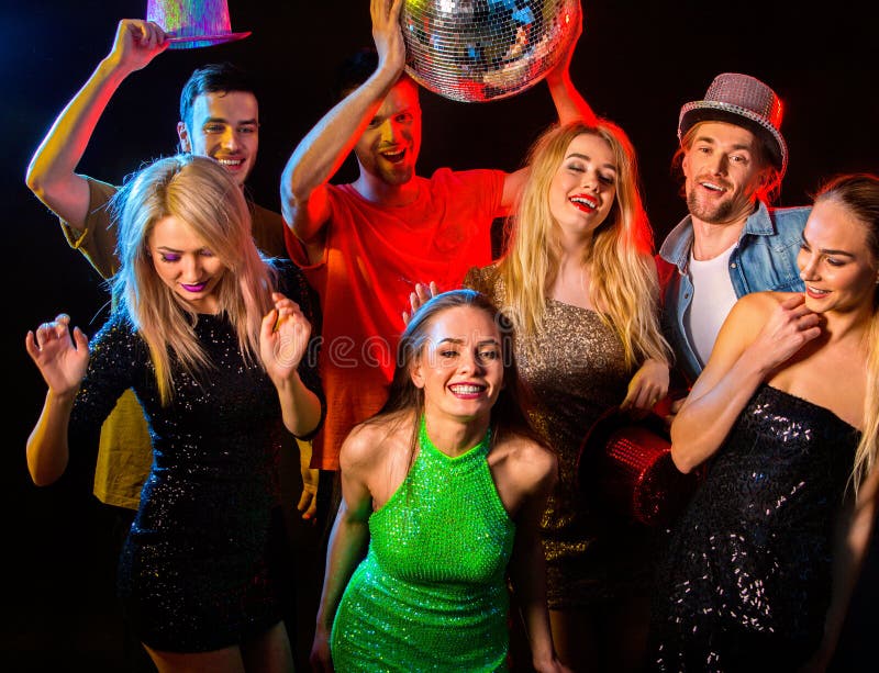 Dance Party with Group People Dancing and Disco Ball. Stock Image ...