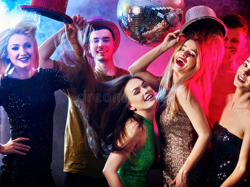 Dance Party with Group People Dancing and Disco Ball. Stock Image ...