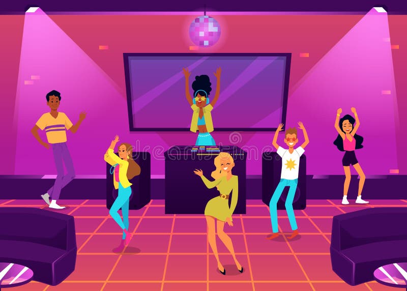 Dance Party With Dancing People In Nightclub Interior Flat Vector