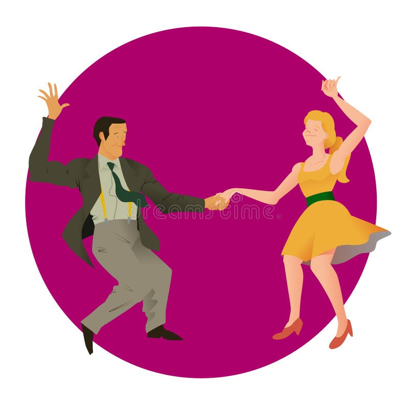 Dancers of Lindy hop. The man and the woman isolated in a purple circular background. Flat vector illustration of social dance. vector illustration Dancers of Lindy hop. The man and the woman isolated in a purple circular background. Flat vector illustration of social dance. vector illustration