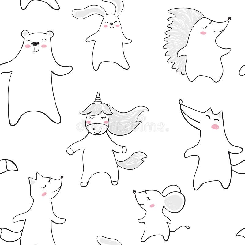 Dancing bear, fox, wolf, mouse, bunny, unicorn, hedgehog baby seamless pattern. Cute animal listens to music. stock illustration Dancing bear, fox, wolf, mouse, bunny, unicorn, hedgehog baby seamless pattern. Cute animal listens to music. stock illustration