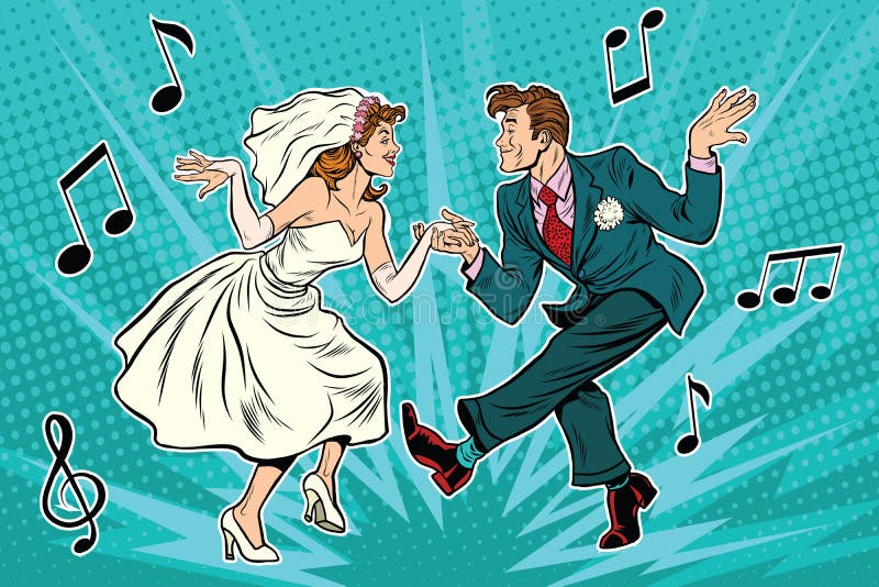 Dancing bride and groom, pop art retro comic book illustration. Wedding dance. Twist, rock and partner dance