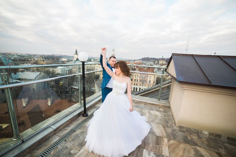Dancing Bride and Groom on the Summer Terrace at the Restaurant Stock