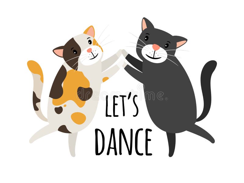 Dancing cats. Foxtrot or tango cat dancers vector illustration, lets dance text