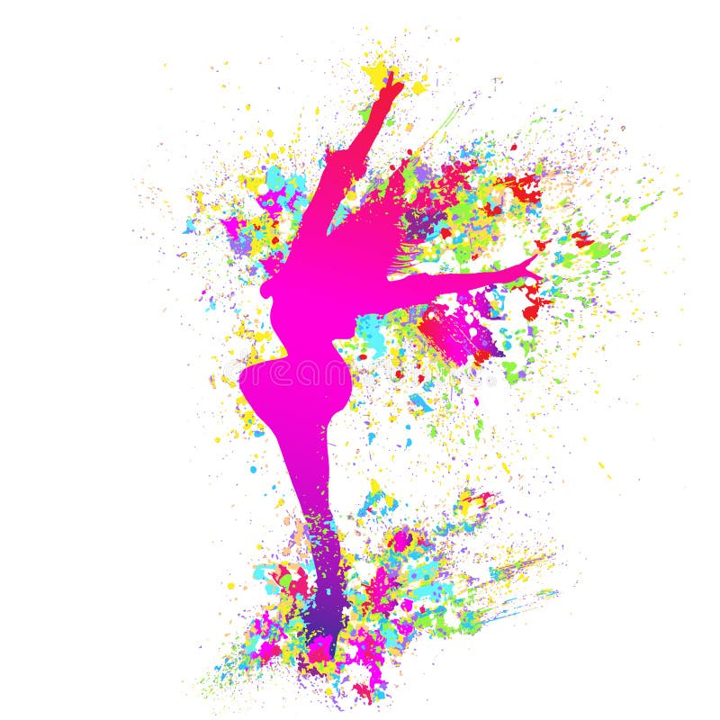 Dancing colorful girl splash paint dance on white