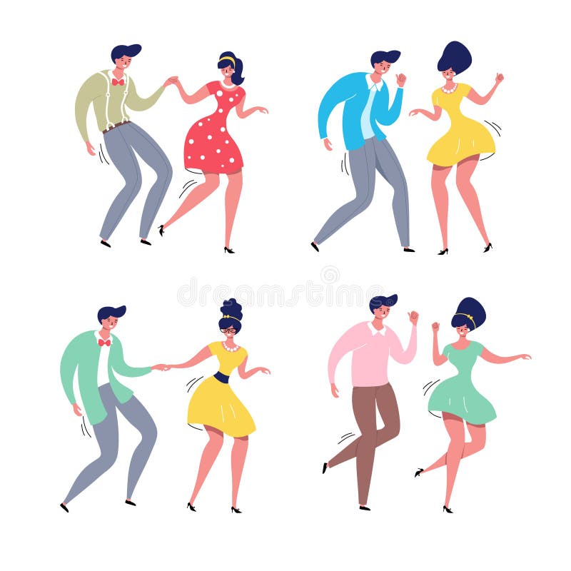 Dancing couple set. Rockabilly dance party. Retro contest. Happy swing dancers vector illustration isolated