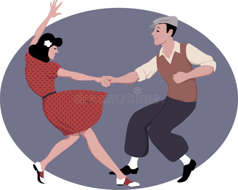 Young couple dressed in late 1940s fashion clothes dancing lindy hop, vector illustration. Young couple dressed in late 1940s fashion clothes dancing lindy hop, vector illustration