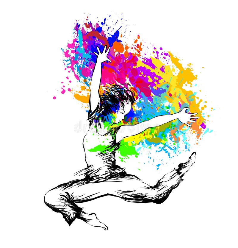 Dancing girl jumping with color splashes on white background. Vector illustration