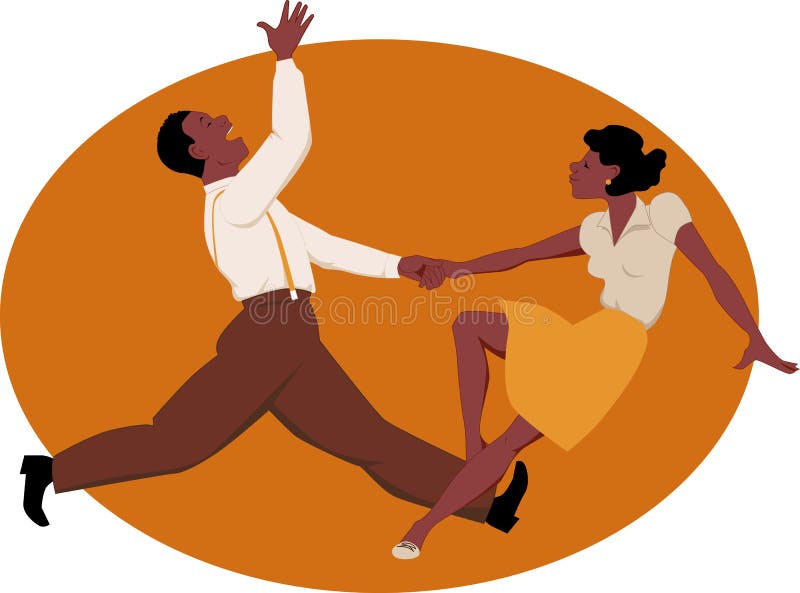 Black couple dancing jitterbug or rock and roll, vector illustration