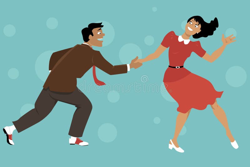 Couple dressed in 1940s fashion dancing lindy hop or swing, EPS 8 vector illustration, no transparencies