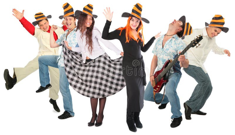 Dancing people group in halloween hats