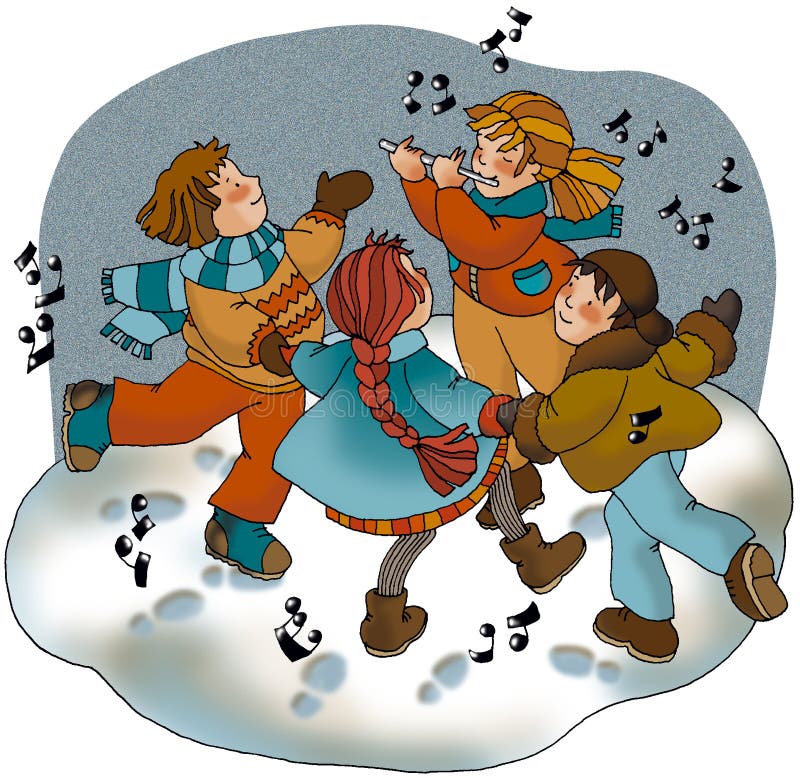 Dievča hrá flauta a dievčatá a dvoch chlapcov holdings strane navzájom, ktorí sú tanec na snehu, počúvanie hudby na flautu.