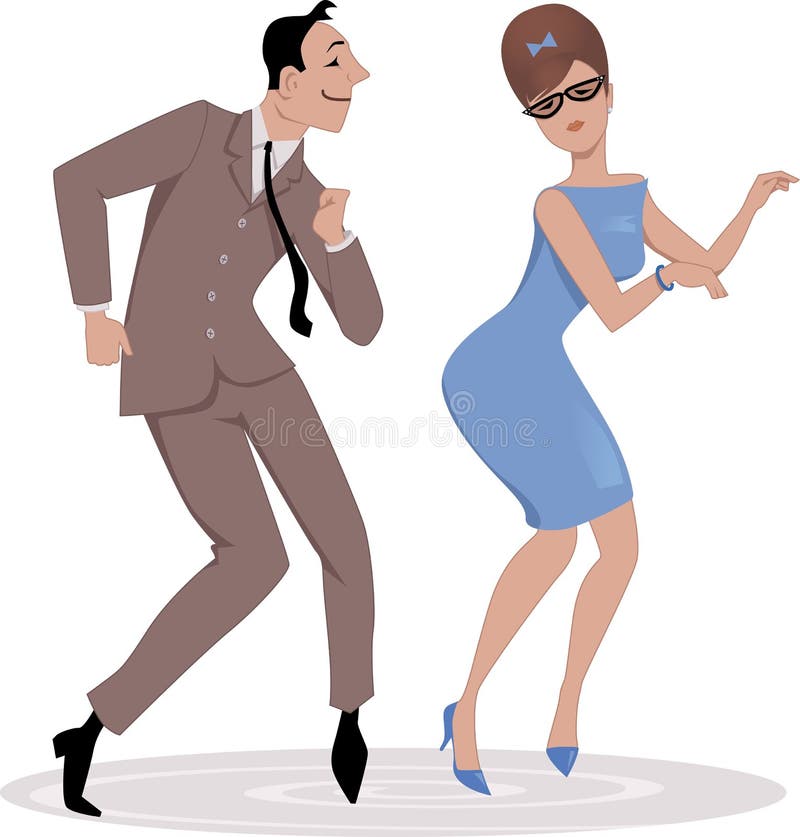 Cartoon couple dressed in early 1960s fashion dancing the twist, vector illustration, no transparencies, EPS8
