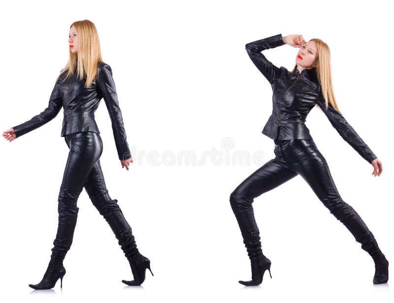 The Dancing Woman in Black Leather Costume Stock Photo - Image of pants ...