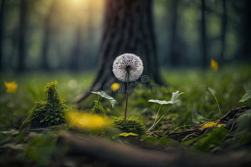 Dandelion-blomning i en lush-skog royaltyfria bilder