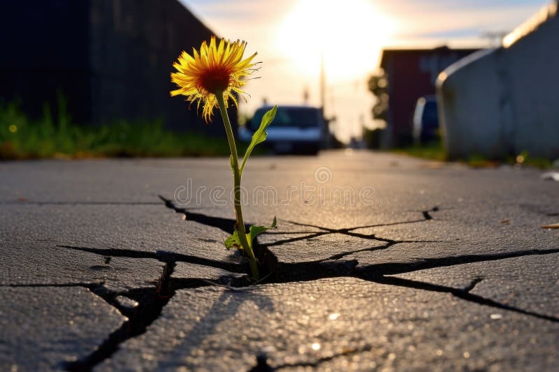 Dandelion-blomning i silhuett i pavement-sprickans stad arkivbild