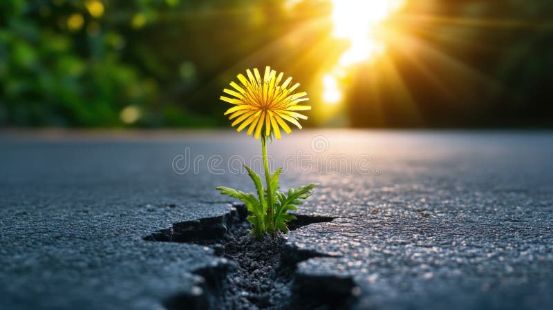 Dandelion blåser genom sprucken beläggning i solljus fotografering för bildbyråer