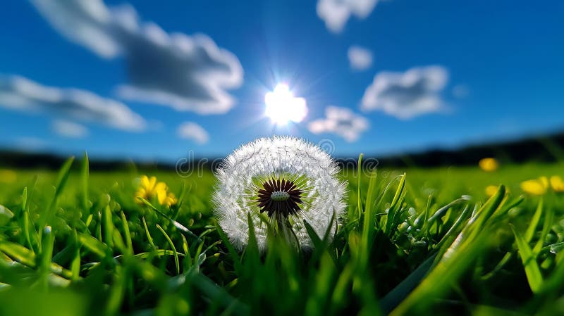 A dandelion in the middle of a field of green grass royalty free stock photos