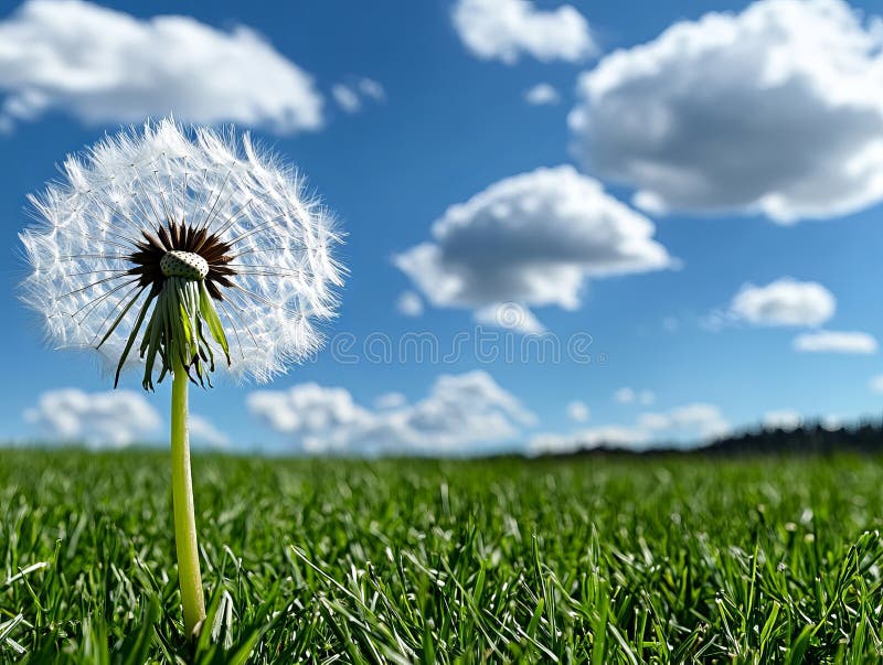 A dandelion in the middle of a field of green grass royalty free stock photography