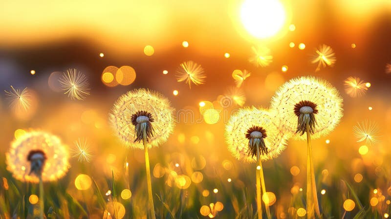 Dandelion seeds drifting gracefully in wind on stunning sunset backdrop, enhanced by bokeh effect. Magical and dreamy ambience. Contrast enhanced stock images, royalty-free photos and pictures