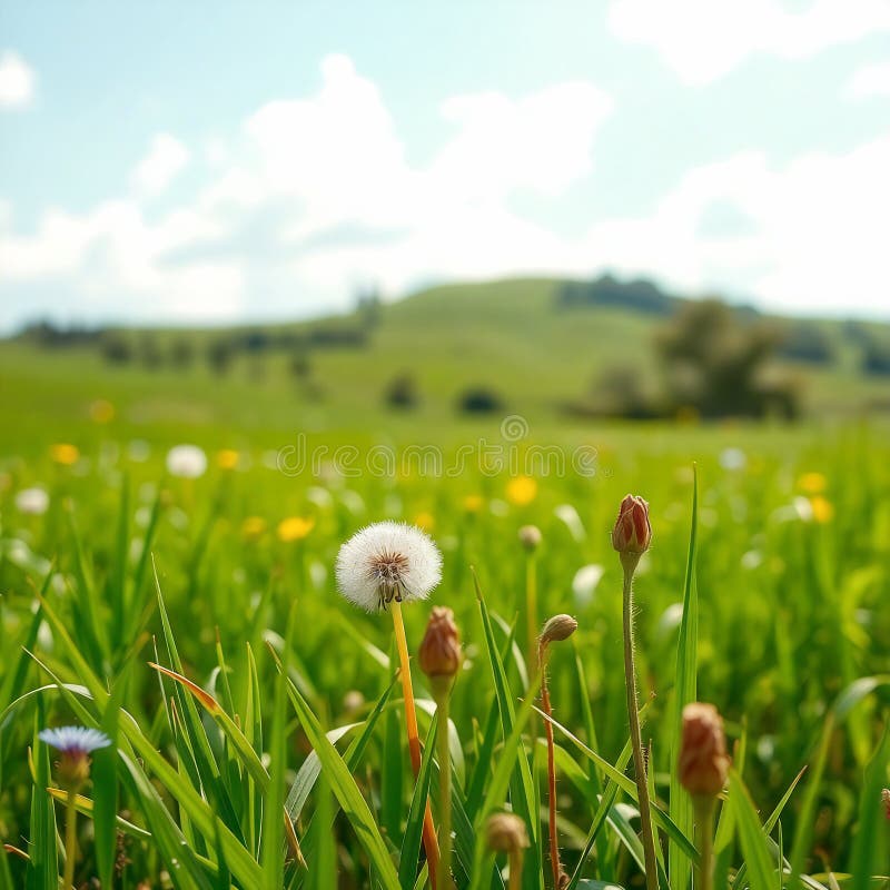Dandelion και wildλουλούδι σε πλατύχωρο γρασίδι διανυσματική απεικόνιση