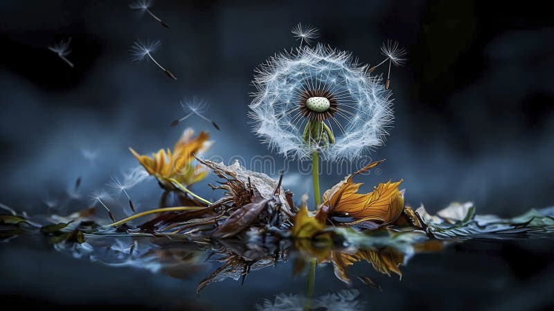 Dandelion семена плавают изящно над осенью оставляет природа макро фотография спокойствия установления близости спокойствия бесплатная иллюстрация