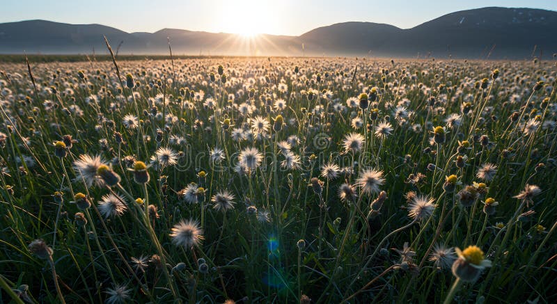 Dandelionernas fält blåser vid soluppgången i en serendal omgiven av berg. royaltyfri illustrationer