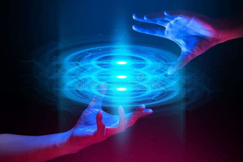 Digital data ai global network technology hologram with particle light and two hands of human with blue and red color glow in scifi futuristic concept. Digital data ai global network technology hologram with particle light and two hands of human with blue and red color glow in scifi futuristic concept