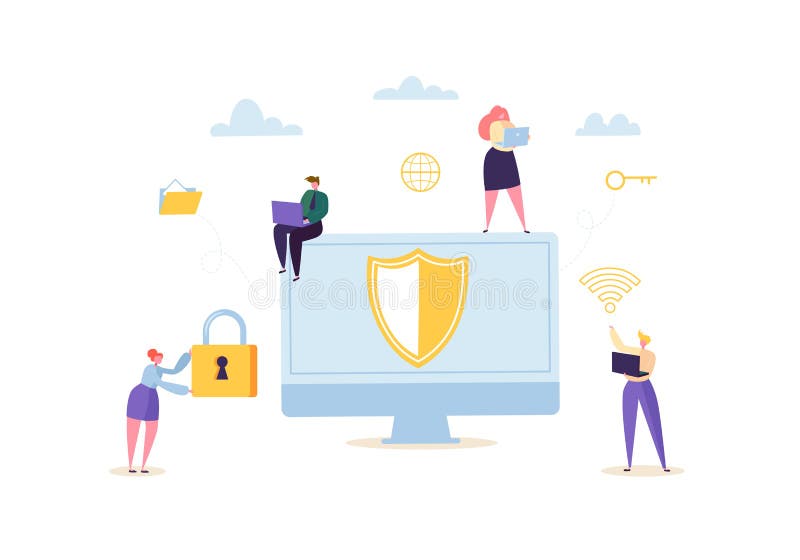 Dane ochrony prywatności pojęcie Poufne i Bezpieczne Internetowe technologie z charakterami Używa ilustracja wektor Dane ochrony prywatności pojęcie Poufne i Bezpieczne Internetowe technologie z charakterami Używa ilustracja wektor