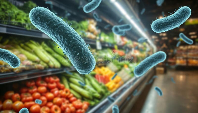 Danger invisible Bactéries qui se cachent dans l'épicerie Produire Aisle Mettre en évidence les préoccupations relatives à la sécu illustration de vecteur