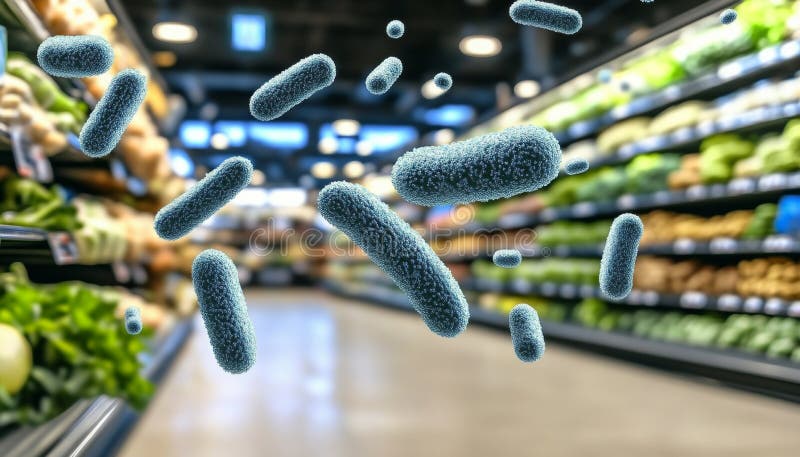 Danger invisible Bactéries qui se cachent dans le supermarché Produire Aisle Mettre en évidence la salubrité des aliments illustration de vecteur