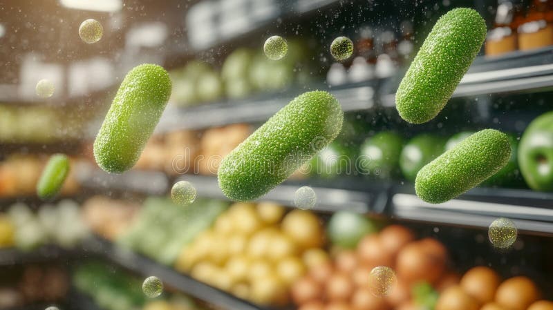 Danger invisible Contamination des bactéries Menace dans un magasin d'alimentation Produire Aisle Concept de salubrité des aliment illustration stock