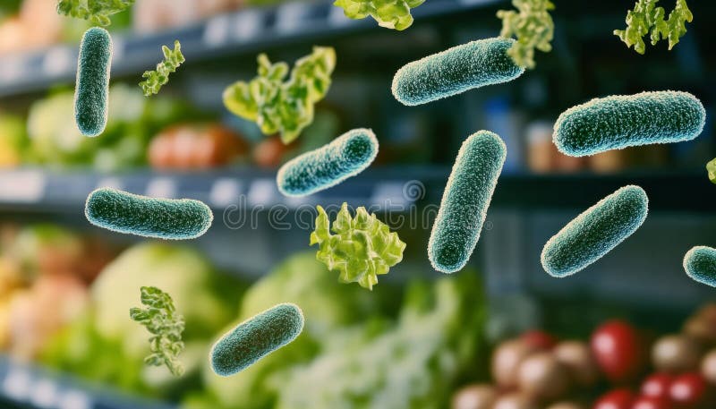 Danger invisible Vue microscopique des bactéries qui s'accrochent à des produits frais dans un magasin d'alimentation. Danger invisible Vue microscopique des bactéries qui s'éteignent sur les produits frais dans un magasin d'alimentation Généré par AI