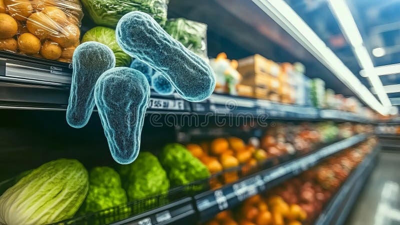 Danger invisible Vue microscopique des bactéries qui se cachent sur des produits frais dans un supermarché illustration libre de droits
