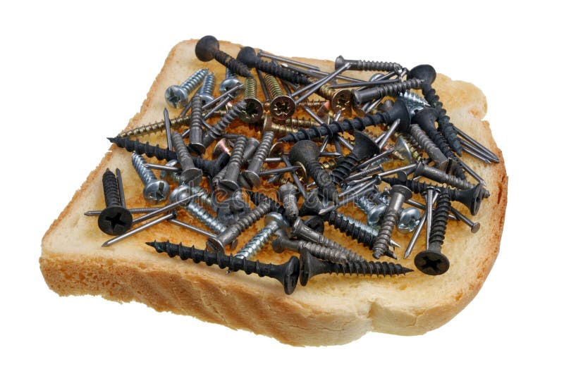 Dangerous food concept  - toast sandwich with nails and screw isolated