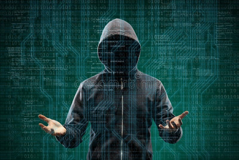 Dangerous hacker over abstract digital background with binary code. Obscured dark face in mask and hood. Data thief royalty free stock photography