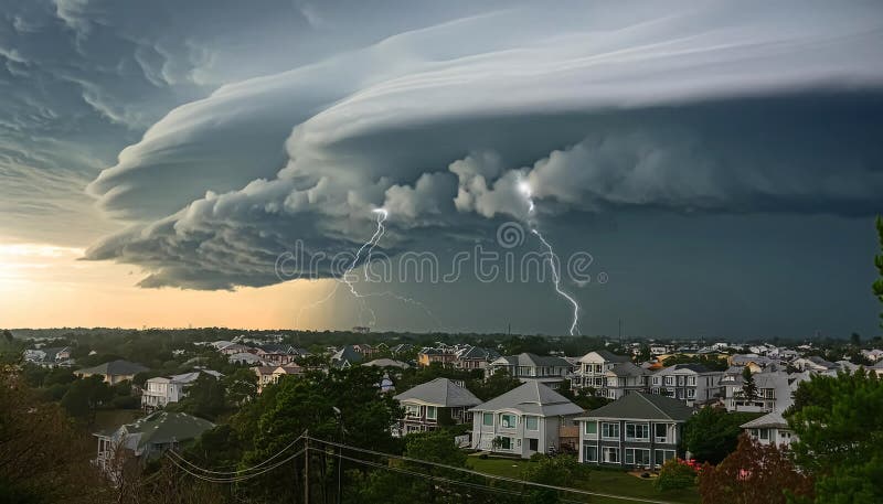 Dangerous herricane attach a city in the evening, AI generative royalty free illustration