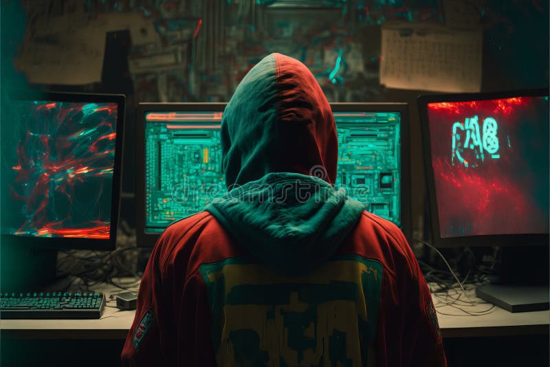 Dangerous hooded hacker breaks into data server stock illustration
