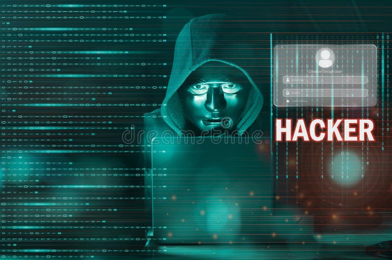 Dangerous Hooded Hacker Man Using Laptop with Binary Code Digital Interface  Stock Image - Image of crime, hacking: 195954831