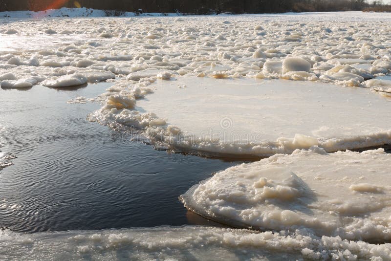 Dangerous Ice Movement on a Fast Winter River Stock Image Image of