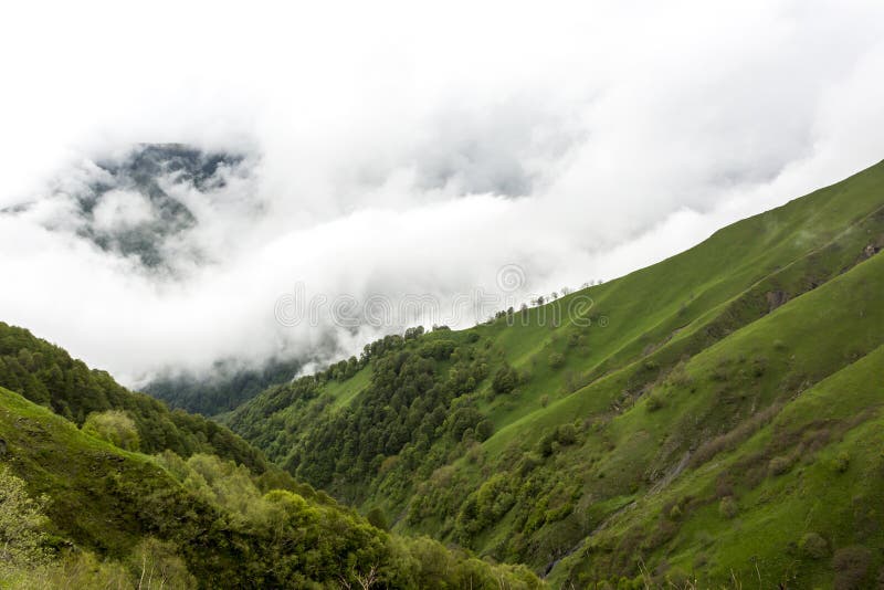 Dangerous mountain pass Abano 2926 m in Georgia, Tusheti on the morning mist