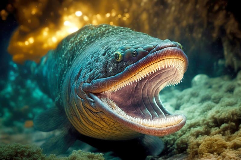 Dangerous and Predatory Moray Eel with Mouth Wide Open with Sharp Teeth