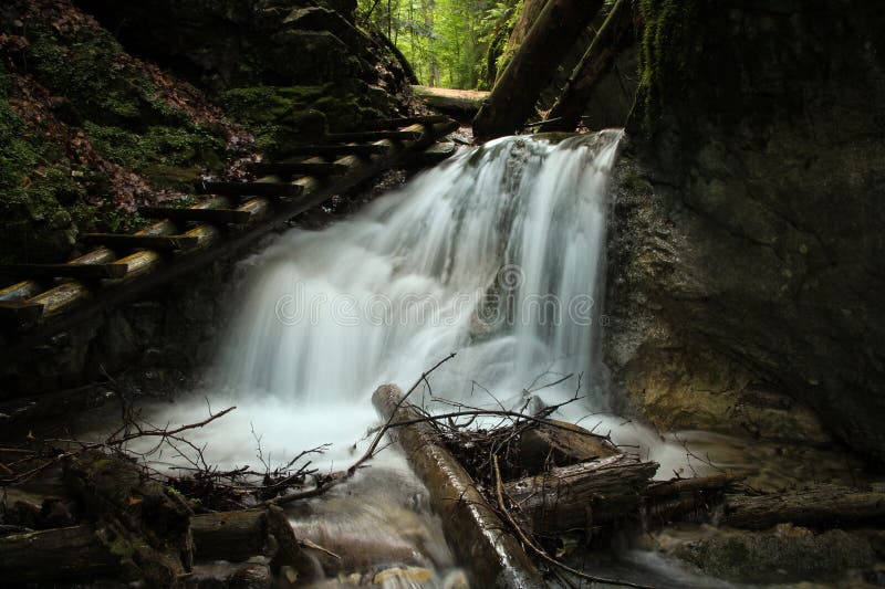 Dangerous trail through a waterfall with wooden ladders in the Slovak Paradise National Park, Slovaki