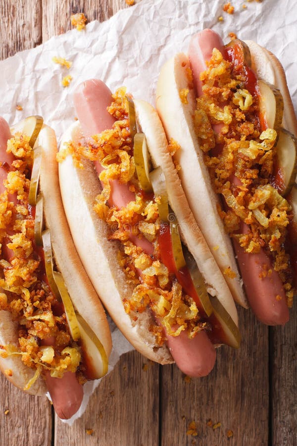 Danish Hot Dogs Closeup. Vertical Top View Stock Photo Image of