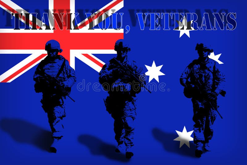 DANK U VETERANEN op de achtergrond van de Australische vlag met militairen vector illustratie DANK U VETERANEN op de achtergrond van de Australische vlag met militairen vector illustratie